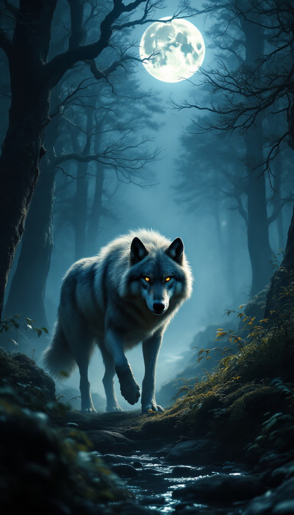 In the heart of an ancient, mist-laden forest, under the shimmering glow of a full dark moon, a majestic wolf prowls with grace and stealth. The silver light casts ethereal shadows through the dense canopy, highlighting the wolf's powerful physique and keen eyes as it navigates the underbrush. The forest is alive with the whispers of the night, and the wolf, a solitary figure, moves with purpose and silent dignity, its fur illuminated in 4k detail. The backdrop of towering, gnarled trees and the distant sound of a babbling brook create an atmosphere of mystery and primal beauty.