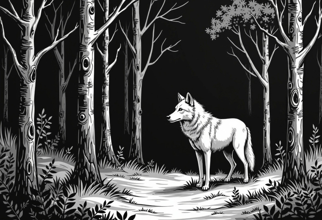 A striking black and white illustration of a majestic wolf standing in a serene forest. The wolf, with its thick fur and alert posture, is surrounded by tall, slender trees with intricate bark patterns. The forest floor is covered with delicate foliage, and the scene is illuminated by a soft, ethereal light, creating a mystical and tranquil atmosphere.