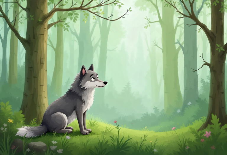 A delightful cartoon illustration of a gray wolf sitting peacefully in a lush, enchanted forest. The scene is filled with tall, green trees and a soft, misty background, creating a serene and magical atmosphere. The wolf, with its fluffy fur and expressive eyes, adds a whimsical touch to the tranquil forest setting.