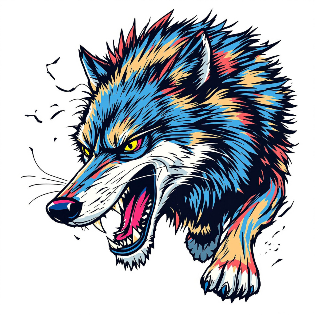 A striking and vibrant illustration of a wolf, depicted in a dynamic array of colors including blue, yellow, and red. The wolf is shown in an aggressive stance, with its mouth open, revealing sharp teeth and a fierce expression. The artwork captures the wild essence of the animal, with its fur rendered in bold, energetic strokes that convey movement and intensity. This colorful representation highlights the wolf's predatory nature and majestic presence, making it a captivating piece of art.