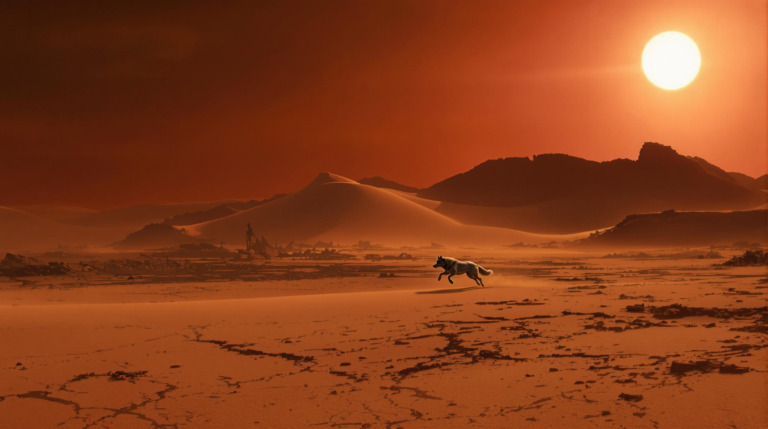 A lone wolf running across a stunning desert landscape under a glowing sunset sky.