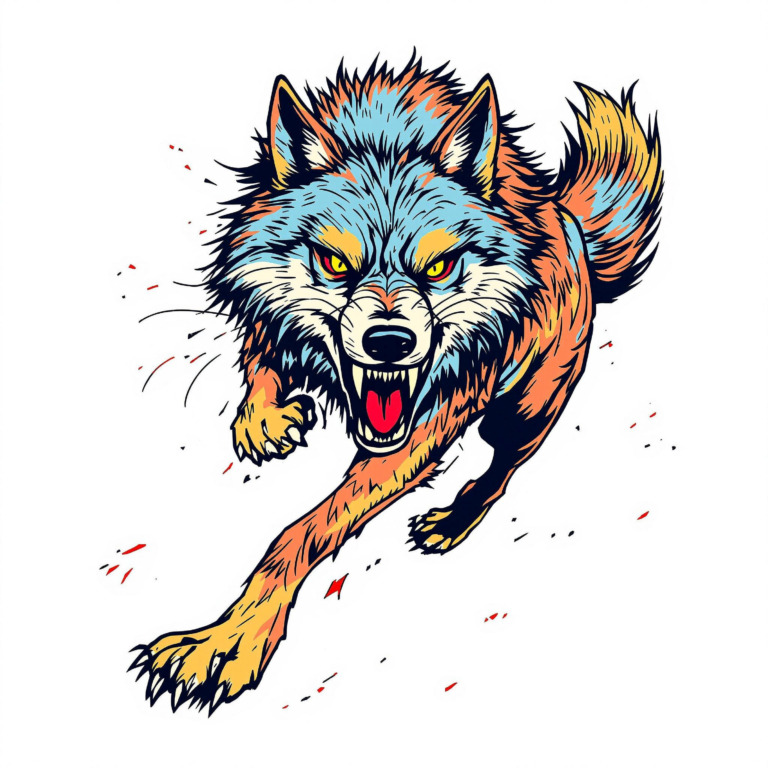 A striking illustration of a wolf in mid-leap, showcasing a dynamic blend of vibrant colors. The wolf's fur is depicted in a mix of blue, orange, and yellow hues, creating a visually captivating contrast. Its eyes are intensely focused, and its mouth is open, revealing sharp teeth, conveying a sense of motion and energy. The background is minimal, emphasizing the wolf's powerful presence and the artistic style of the illustration.