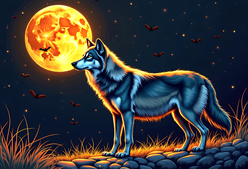  Illustration of a majestic wolf standing under a glowing full moon with bats flying in the night sky.