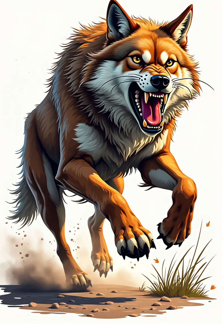 A dynamic and vibrant illustration of a fierce wolf running energetically through a natural setting. The wolf, with its striking orange and brown fur, showcases a powerful stance, baring its teeth in a snarl. Its muscular build and intense gaze convey strength and agility, while the background features subtle elements of grass and dirt, enhancing the sense of movement and wildness.