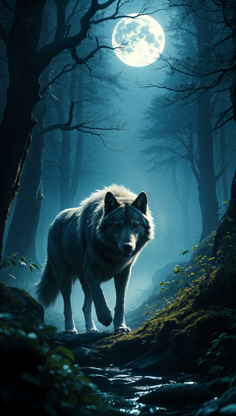 A lone wolf walking through a mystical forest under a full moon, surrounded by trees and a serene atmosphere.