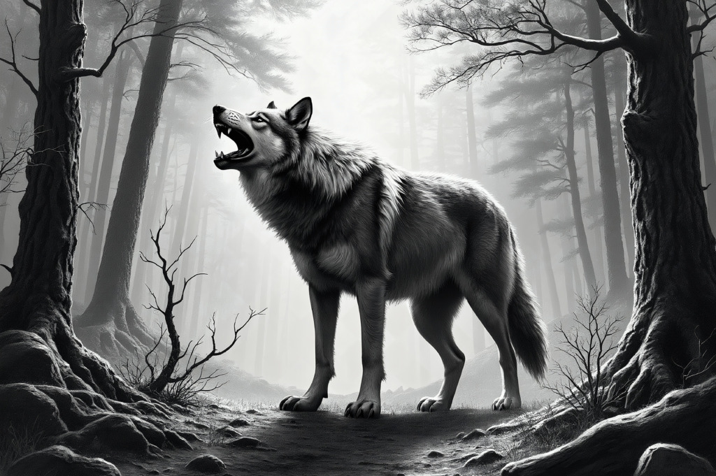 A striking black and white image of a majestic wolf standing in a misty forest, captured mid-howl. The wolf's fur is detailed and textured, with its mouth open in a powerful howl. The surrounding forest is dense with tall trees, creating a mysterious and atmospheric backdrop that enhances the wild and untamed essence of the scene.