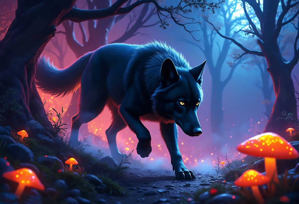 A captivating digital artwork depicting a majestic wolf prowling through an enchanted forest. The scene is bathed in a mystical glow, with vibrant orange mushrooms illuminating the forest floor. The wolf, with its piercing yellow eyes and sleek fur, moves stealthily among the towering trees, creating an atmosphere of mystery and wonder.