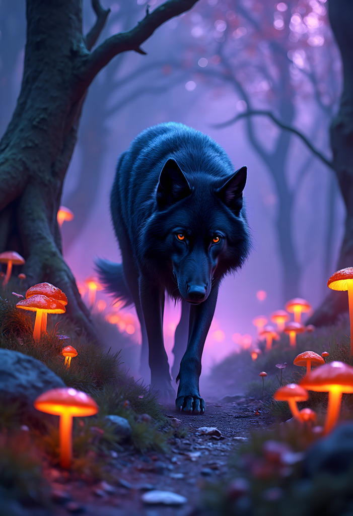 A striking image of a mysterious black wolf walking through an enchanted forest. The scene is illuminated with glowing orange mushrooms lining the mossy forest path, under a mystical purple and pink twilight sky. The wolf's amber eyes and sleek fur create a captivating contrast against the vivid, ethereal backdrop of twisted tree branches and soft mist.