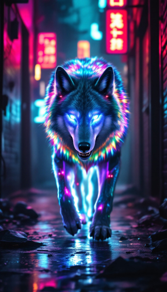 A striking image of a wolf with a neon glow, featuring vibrant colors and luminescent fur, walking confidently down a dimly lit urban alley. The scene is illuminated by colorful neon signs, creating a futuristic and mystical atmosphere. The wolf's eyes and fur emit a captivating light, enhancing the surreal and otherworldly feel of the image.