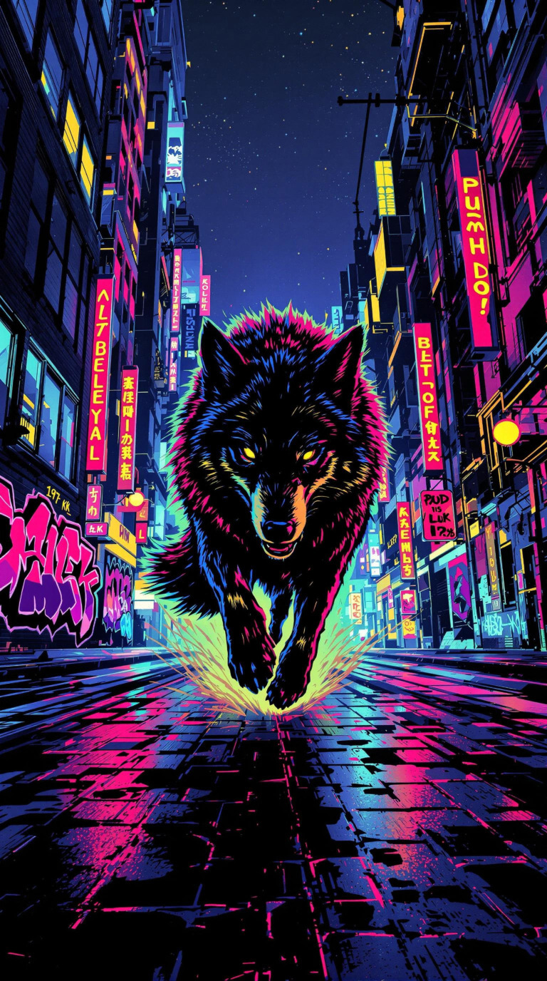 A striking digital artwork depicts a fierce wolf running through a vibrant, futuristic cityscape. The scene is illuminated by neon lights in shades of pink, blue, and yellow, reflecting off wet cobblestones. The city skyline, lined with towering buildings and glowing signs, enhances the cyberpunk aesthetic, capturing the essence of urban adventure and wild freedom.