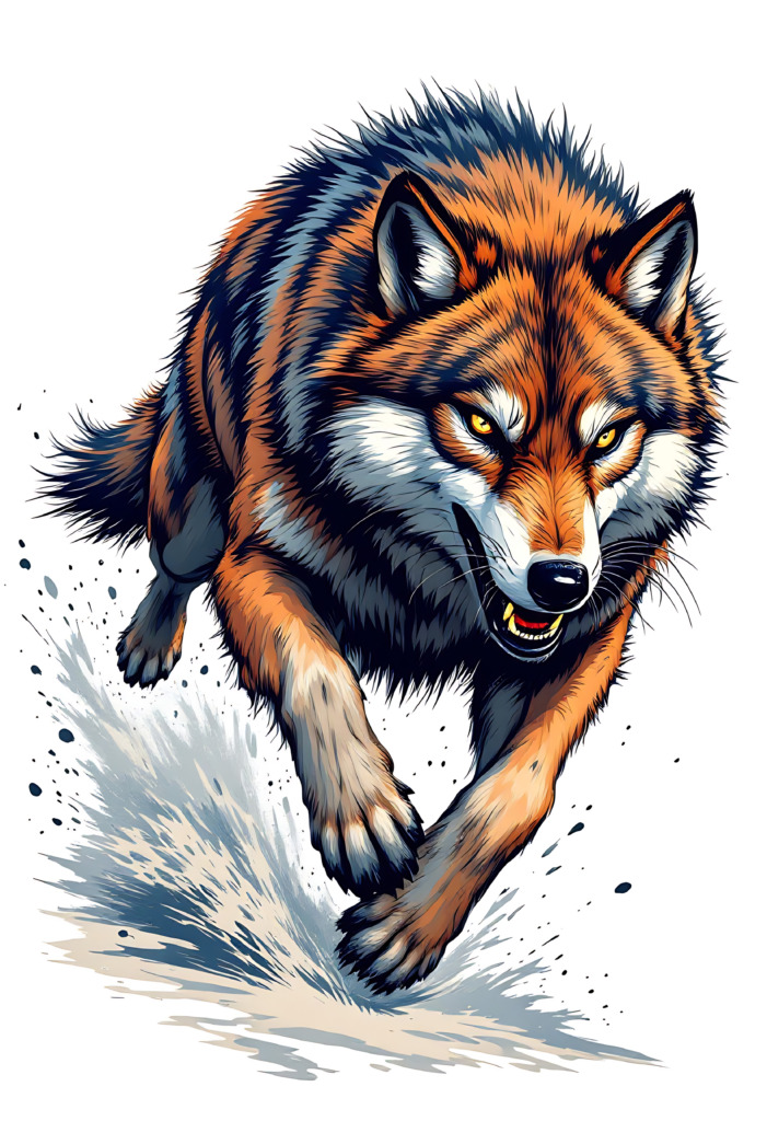 A striking illustration of a wolf in mid-run, showcasing its powerful physique and intense gaze. The wolf's fur is a blend of rich orange and black tones, with white accents around its face and chest. Its eyes are bright and fierce, conveying a sense of determination and wildness. The background is minimal, emphasizing the wolf's dynamic movement as it kicks up dust and debris, symbolizing speed and agility in the wild.