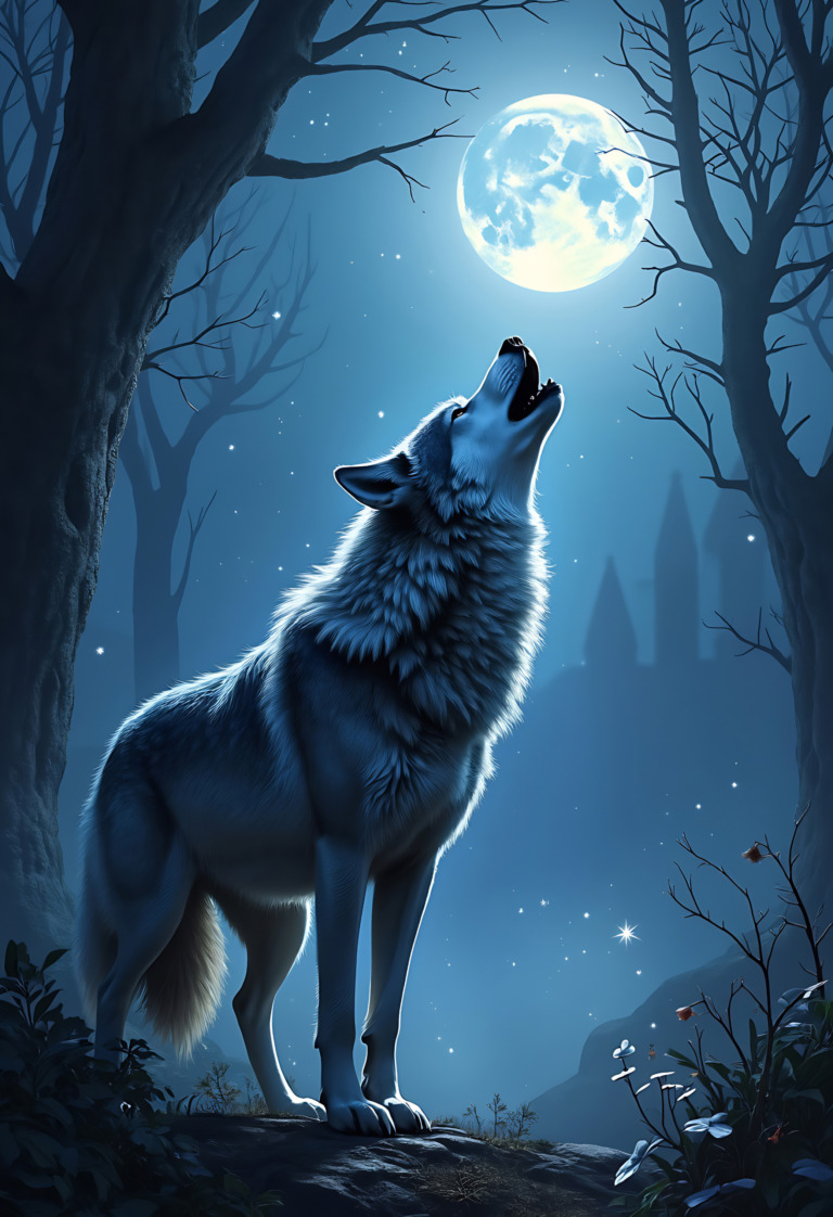 A captivating image of a majestic wolf standing on a rocky outcrop, howling at the full moon in a mystical forest setting. The scene is bathed in a serene blue light, highlighting the wolf's thick fur and the intricate details of the surrounding trees. The moon shines brightly in the night sky, casting a magical glow over the landscape, while stars twinkle softly in the background, creating an enchanting and mysterious atmosphere.