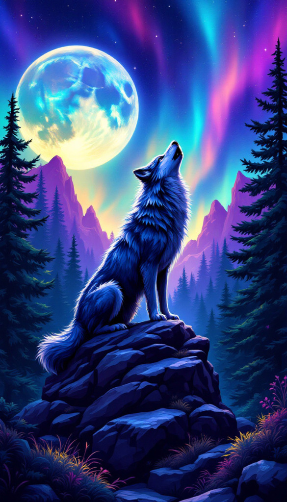  A stunning digital artwork depicting a majestic wolf standing on a rocky outcrop, howling under a luminous full moon. The scene is set against a backdrop of vibrant northern lights, with colorful auroras illuminating the night sky. Tall pine trees and distant mountains add depth to the serene wilderness landscape.