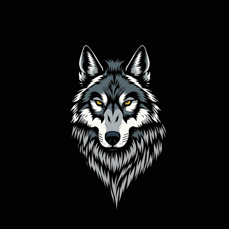 This image features a striking illustration of a wolf's head set against a deep black background. The wolf's fur is intricately detailed in shades of gray and white, highlighting its piercing yellow eyes that convey a sense of wisdom and power. The ears are perked up, adding to the alert and majestic demeanor of the creature. This artwork captures the essence of the wolf as a symbol of strength, mystery, and natural beauty, making it a captivating piece for wildlife enthusiasts and art lovers alike.