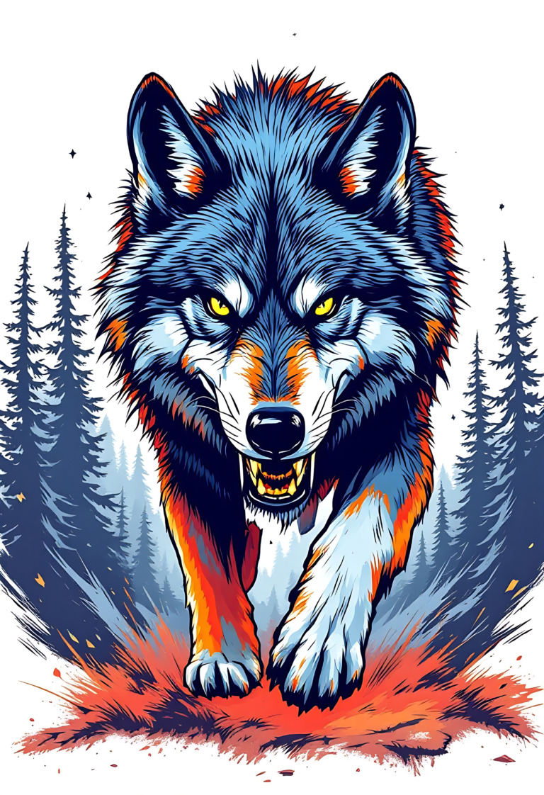 A striking illustration of a fierce wolf with vibrant blue and orange fur, showcasing its powerful presence as it strides through a forest. The wolf's piercing yellow eyes and bared teeth convey a sense of strength and determination. Surrounding the wolf are tall evergreen trees, adding depth to the scene and emphasizing the wild, untamed nature of this magnificent creature. The dynamic colors and bold lines create an eye-catching visual that captures the essence of the wolf's spirit.