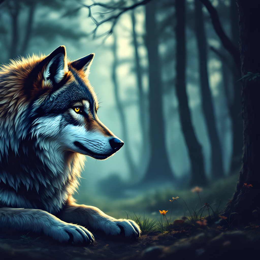 A beautifully detailed portrait of a majestic wolf resting in a serene, misty forest. The wolf, with its striking golden eyes and thick, fluffy fur, gazes thoughtfully into the distance. The background features soft, blurred trees shrouded in mist, creating an ethereal atmosphere that highlights the wolf's natural beauty. This image captures the essence of wildlife in its natural habitat, showcasing the elegance and grace of one of nature's most iconic creatures.