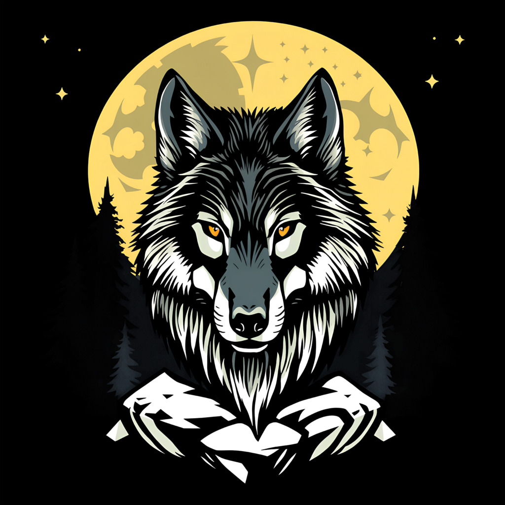  Illustrated wolf with a full moon background, designed for a t-shirt, available in the public domain.