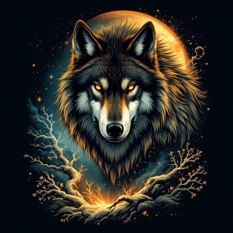 Illustrated wolf with glowing eyes in front of a full moon, surrounded by stars and branches, designed for a t-shirt.