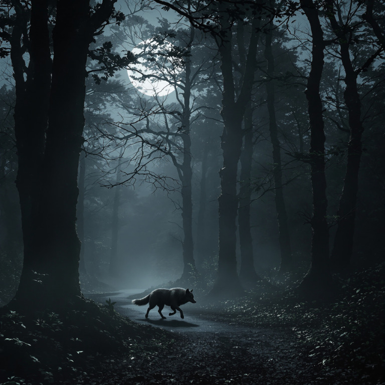 A lone wolf gracefully walks along a shadowy forest path, illuminated by the soft glow of the full moon overhead. The towering trees, with their dense foliage, form a dark and mysterious canopy, creating an atmosphere of enchantment and solitude. The misty ambiance adds to the mystique, highlighting the shadows cast by the moonlight on the rugged terrain.