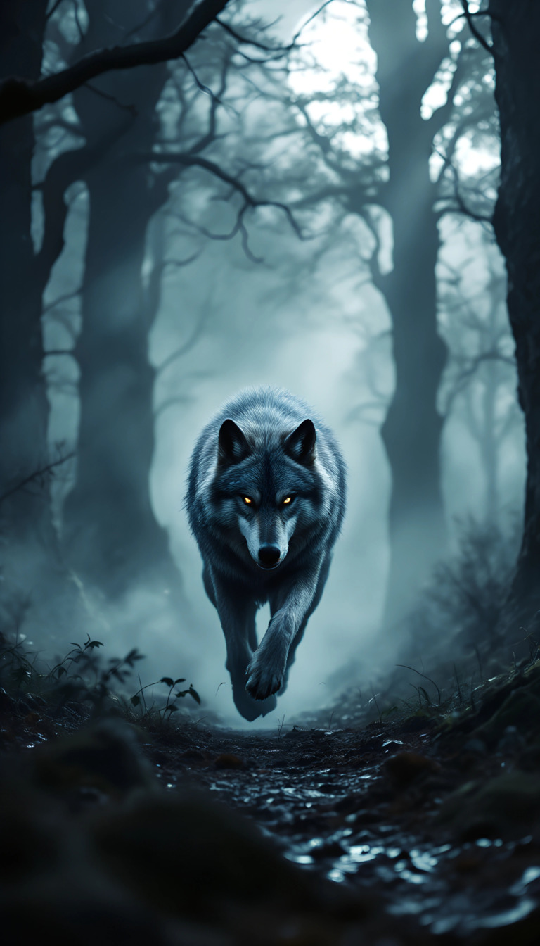 In a mystical, fog-laden forest, a majestic wolf sprints through the shadows of a medieval landscape. The moonlight filters through ancient, towering trees, casting eerie, elongated shadows that dance across the forest floor. This powerful creature, with its fur shimmering in the silvery glow, moves with both grace and urgency, as if on a secret mission in the depths of this enchanted woodland. The atmosphere is filled with a sense of mystery and suspense, heightened by the faint sounds of rustling leaves and distant howls. Capture the essence of this 4K, high-resolution scene where the wild and the medieval intertwine in a hauntingly beautiful tableau.