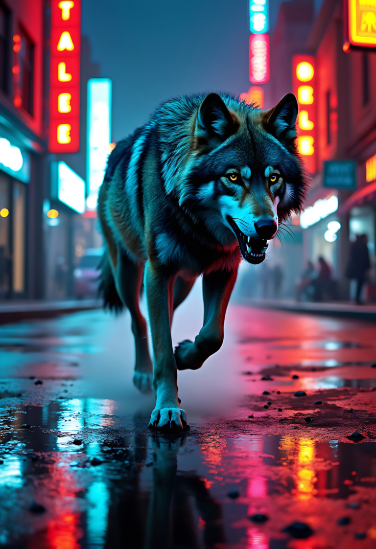 A striking image of a majestic wolf with piercing yellow eyes, confidently walking through a vibrant urban street illuminated by colorful neon signs. The wet pavement reflects the bright lights, creating a captivating atmosphere that blends nature with the energy of city life. This scene captures the essence of wild beauty in an urban setting, showcasing the wolf's powerful presence against a backdrop of modernity.