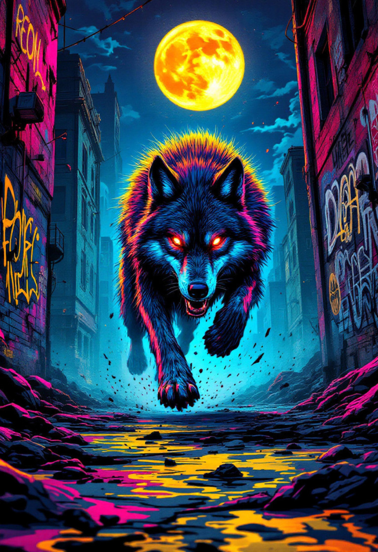 A vividly colored wolf with glowing eyes, sprinting through a graffiti-covered urban alleyway at night. The scene is illuminated by a large, bright full moon, casting an ethereal glow over the colorful puddles on the ground. The wolf's fur is a mix of electric blues and fiery oranges, creating a dynamic contrast against the dark, shadowy buildings that surround it. This artwork captures the essence of wild beauty and urban grit, making it a captivating visual experience.