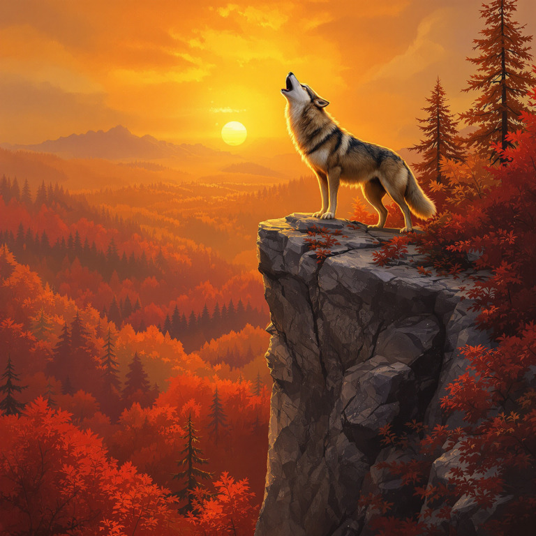 A stunning digital artwork of a wolf howling on a rocky cliff, set against a vibrant sunset. The scene captures the wolf silhouetted against a fiery orange sky, with a vast forest of red and orange foliage stretching into the distance. This public domain image beautifully illustrates the wild and untamed spirit of nature, making it perfect for artistic and educational use.