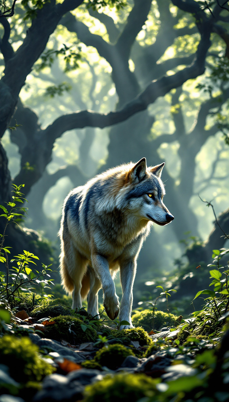 A stunning image of a majestic wolf gracefully walking through an enchanted forest. The wolf's fur glistens in the dappled sunlight filtering through the dense canopy of ancient trees. The forest floor is lush with vibrant green moss and scattered leaves, creating a serene and mystical atmosphere. This captivating scene captures the essence of wilderness and freedom, making it a perfect addition to any nature-themed collection. Available for free under the public domain, CC0.